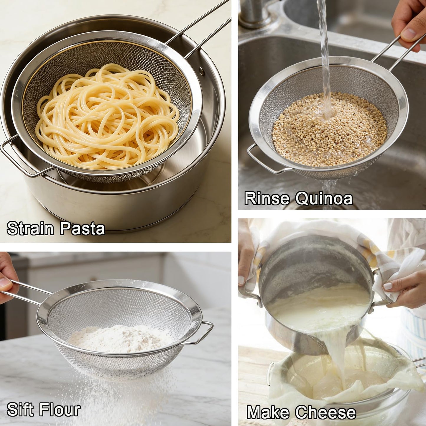 Tonbbow 8.7" Large Fine Mesh Strainer Set with Sturdy Handle, Stainless Steel Sieve Flour Sifter, Kitchen Metal Colander for Rice, Quinoa, Pasta, Fruit, 2 Pack
