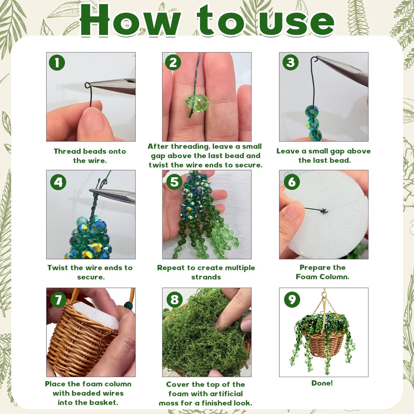 GUJYUYIF Beaded Plant Kit Green Glass Beads for Plant Making with Rattan Basket, Hanging Suncatchers Beading Kit for Jewelry Making DIY Craft Kit Plants