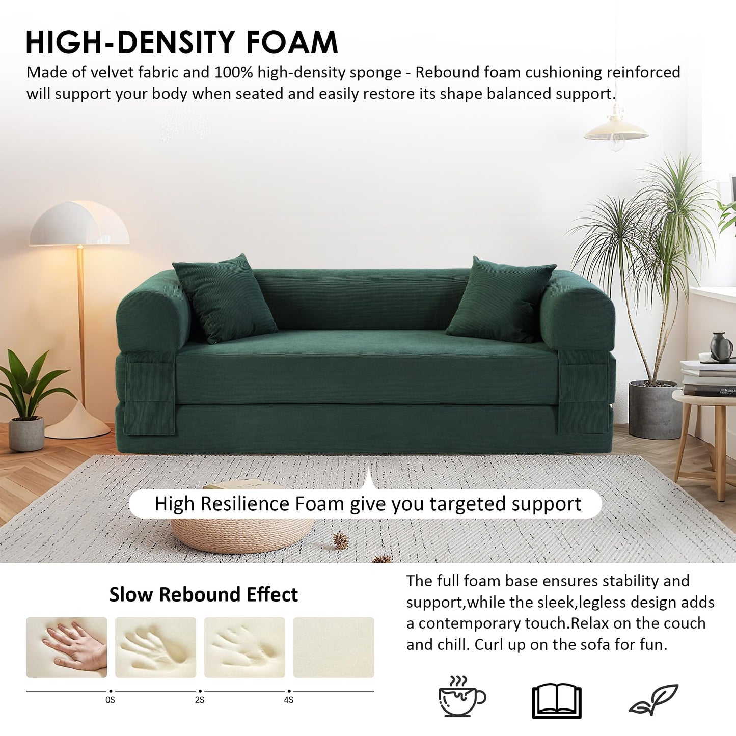 80" Convertible Sofa Bed, 3-in-1 Corduroy Folding Pull Out Couch with Pillows, No Assembly Modern Boneless Couch Compression Sofa in Box, Floor Sofa with Side Storage Pocket for Living Room,Dark Green