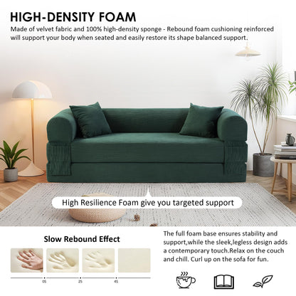 80" Convertible Sofa Bed, 3-in-1 Corduroy Folding Pull Out Couch with Pillows, No Assembly Modern Boneless Couch Compression Sofa in Box, Floor Sofa with Side Storage Pocket for Living Room,Dark Green