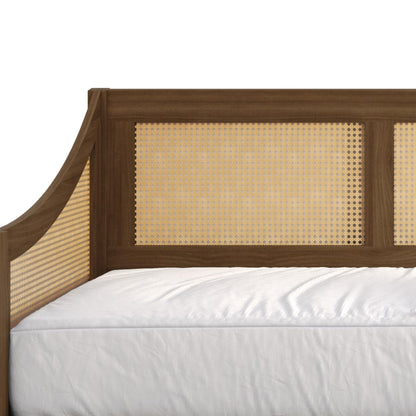 HOME DESIGN Elko Twin Daybed with Natural Wood Grain Frame and Rattan Accents, Solid Wood, Brown