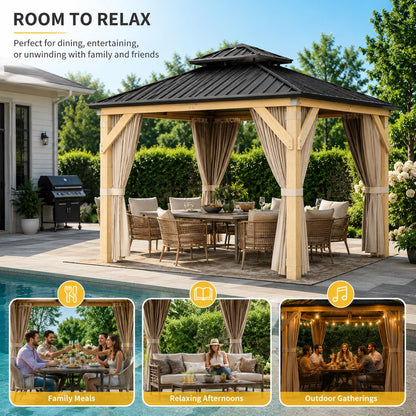 10x10 FT Hardtop Gazebo Outdoor Wooden Pavilion with Cedar Wood Frame Double Galvanized Steel Roof Netting and Curtains Heavy Duty Weather Resistant Patio Shelter for Garden Backyard Khaki