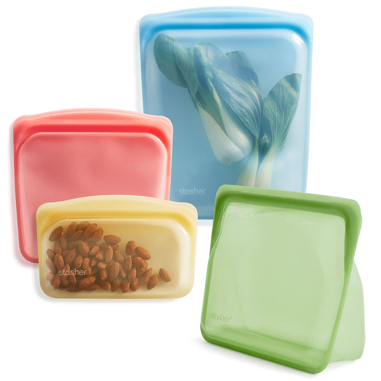 Stasher Silicone Reusable Storage Food Bags, 4-Pack, Reusable Freezer Bags, Microwave, Dishwasher, Oven Safe, Sous Vide, Premium Lunch Containers, Eco Friendly, Food-safe Silicone Snack Bag, Rainbow