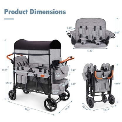ZTDM Wagon Stroller for 4 Kids, All-Terrain Wagon for Toddler with Canopy, Parent Organizer, Shoulder Bag, Adjustable Handlebar, Phone Holder, High Seat & 5 Point Harness, Ultimate Quad (Gray)