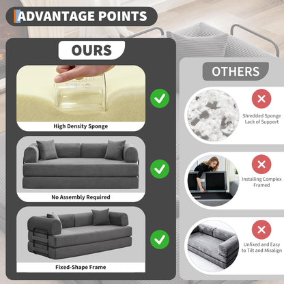 IDEALHOUSE 4 in 1 Convertible Sleeper Sofa Bed Couch, 79 Inch Boneless Corduroy Floor Couch with Pillows, No Assembly, Modern Deep Seat Sofa Futon Mattress for Living Room,Apartment,Gray
