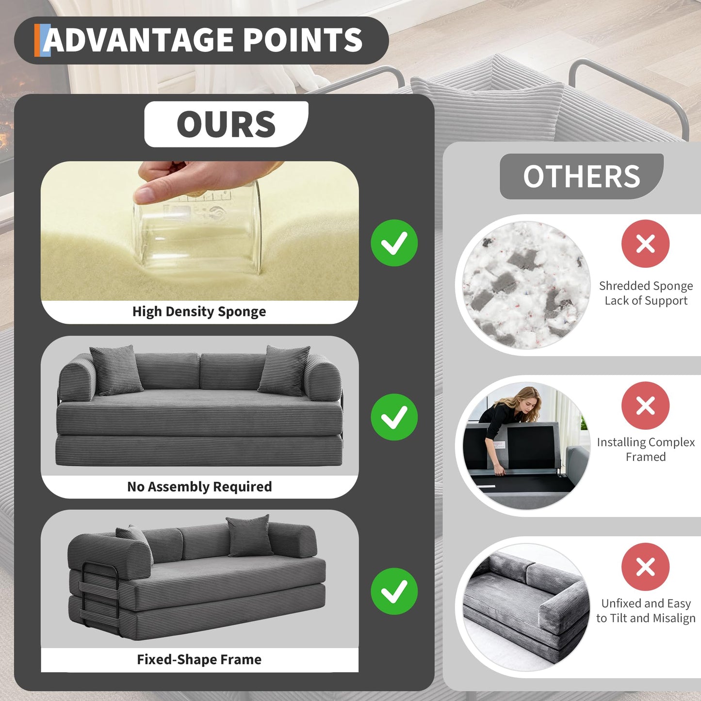 4 in 1 Convertible Sleeper Sofa Bed, 78.7" Boneless Corduroy Floor Couch with Pillows, Folding Futon Loveseat, Deep Seat Pull Out Sofa for Living Room, Apartment, Bedroom, No Assembly Required, Gray