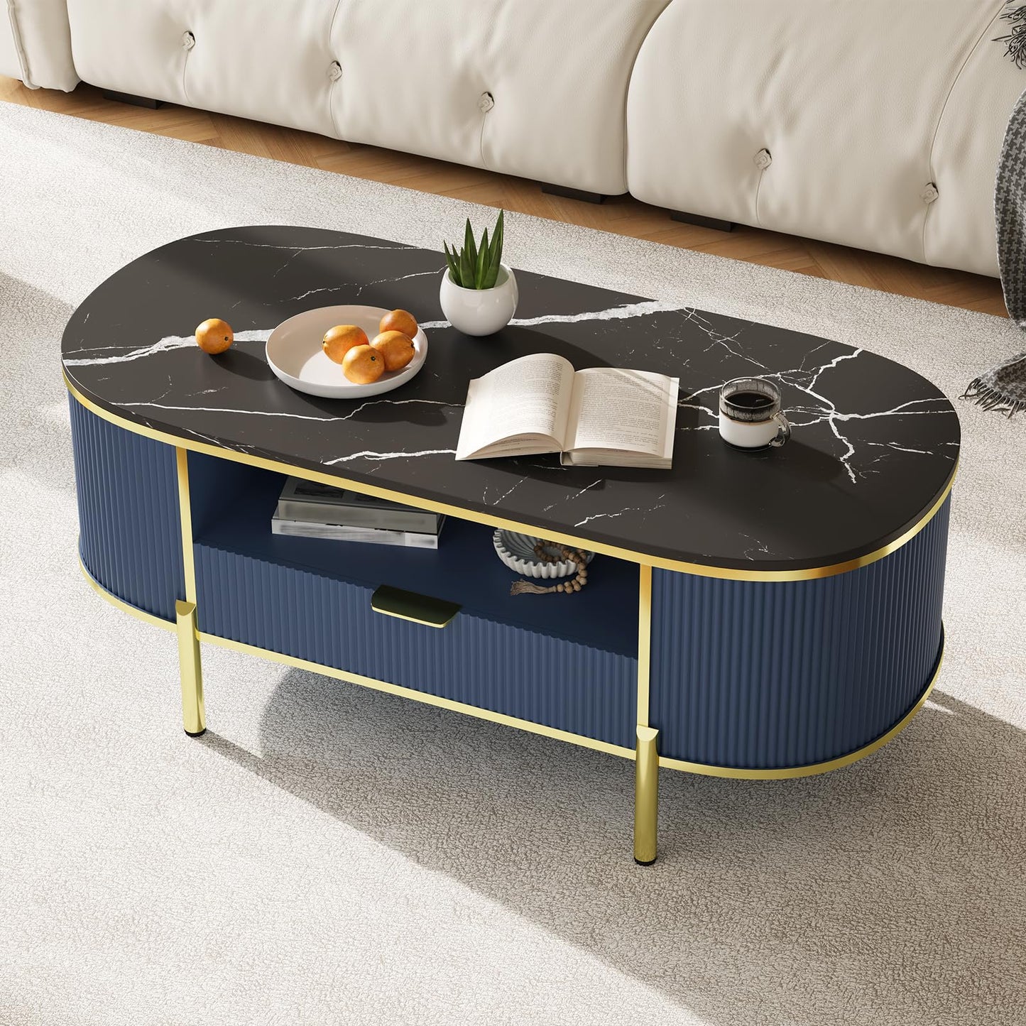 Takywep 48 inch Oval Coffee Table with Drawer, Fluted Modern Faux Marble Top Coffee Table for Living Room, Gold Metal Legs, Center Table for Lounge, Navy Blue