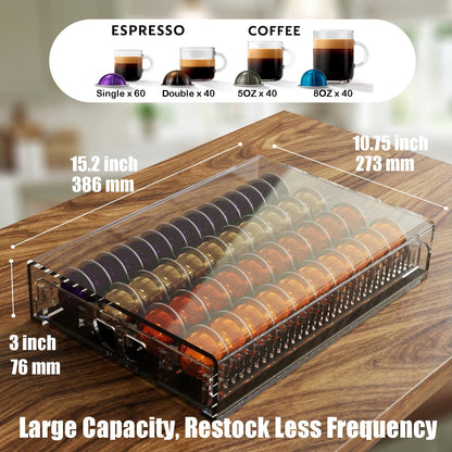 Heavy Duty Crystal Acrylic Coffee Pods Holder Drawer, Compatible for All Nespresso Vertuo Pods, Great Capacity Holds up to 60 Small or 40 Big Vertuoline Pods