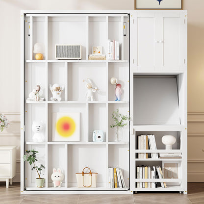 DNYN Rotating Murphy Bed with Top Cabinet and Extendable Desk for Guest/Study Room, Space-Saving Twin Size Wood Foldable Wall Bed Frame with Side Storage Shelf and Bookshelf, No Box Spring Needed
