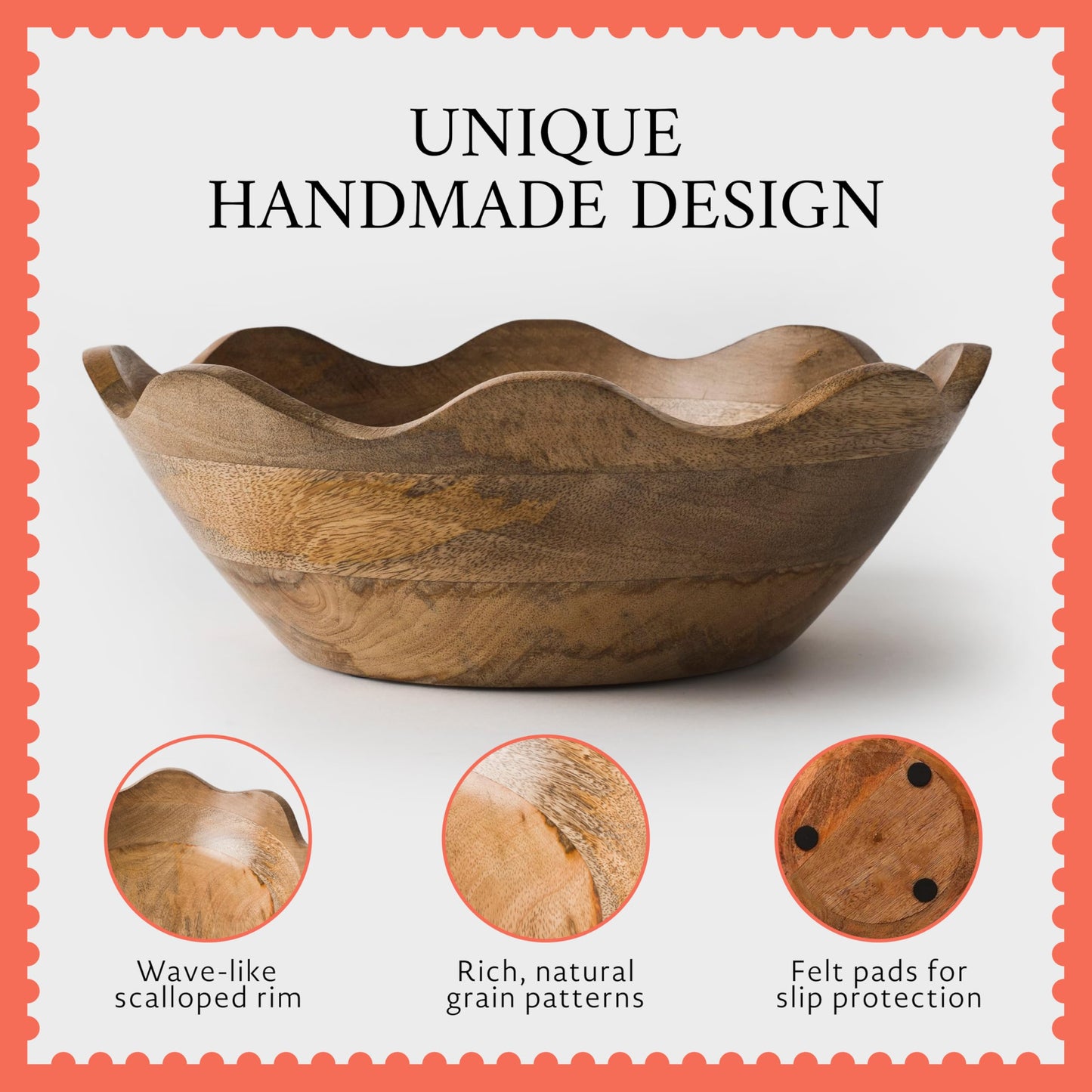 Mela Artisans 12-Inch Mango Wood Scalloped Bowl - Hand-Finished Decorative Serving and Fruit Bowl with Natural Grain for Kitchen Counter, Snacks, Desserts, Bread and Home Decor Centerpiece