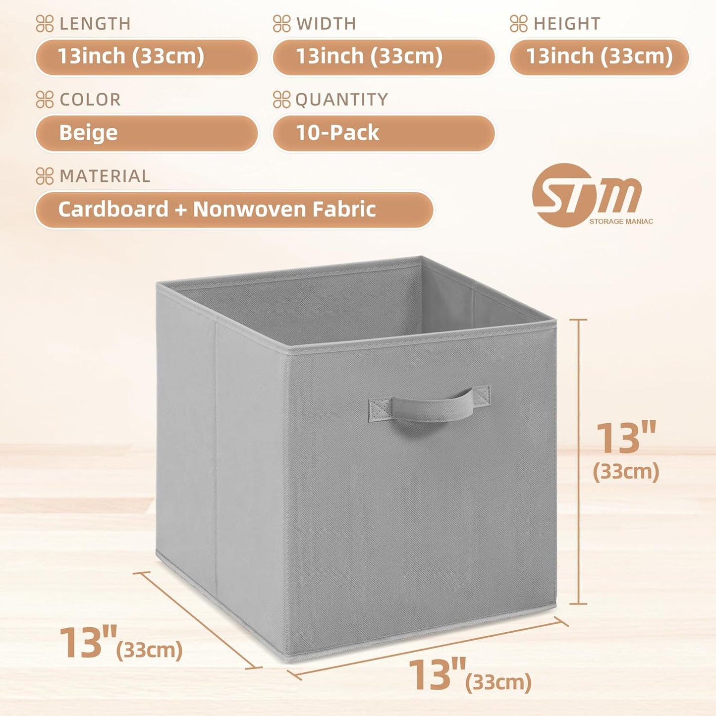 Storage Maniac Storage Cubes - 13-Inch Collapsible Bins with Handles | 10-Pack Grey Fabric Organizers