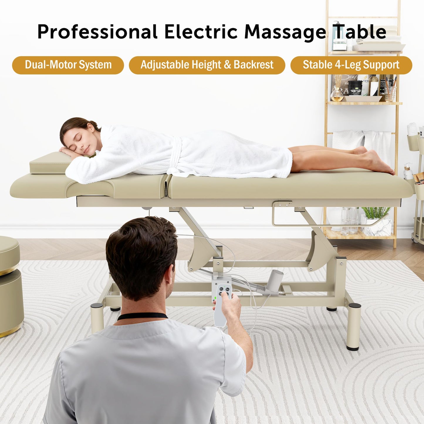 Dolonm 2 Motors Electric Massage Table, Hydraulic Electric Lift Adjustable Backrest and Height Lifting for Treatment, Physical Therapy, Spinal Massage, Facial Spa, Waxing, Tattooing - Beige Gray