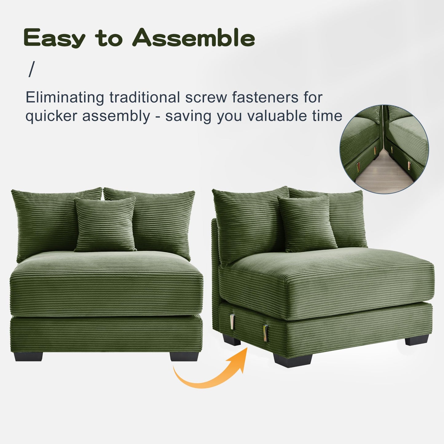 KEIKI 54" Oversized Corduroy Modular Sectional Single Sofa with High-Density Foam Cushions, Extra-Thick Armrests, Upholstered Modern 1-Seater Lounge Accent Chair with 3 Pillow, for Living Room, Green