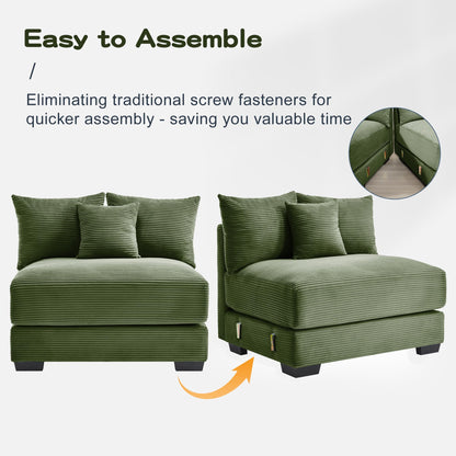 KEIKI 54" Oversized Corduroy Modular Sectional Single Sofa with High-Density Foam Cushions, Extra-Thick Armrests, Upholstered Modern 1-Seater Lounge Accent Chair with 3 Pillow, for Living Room, Green