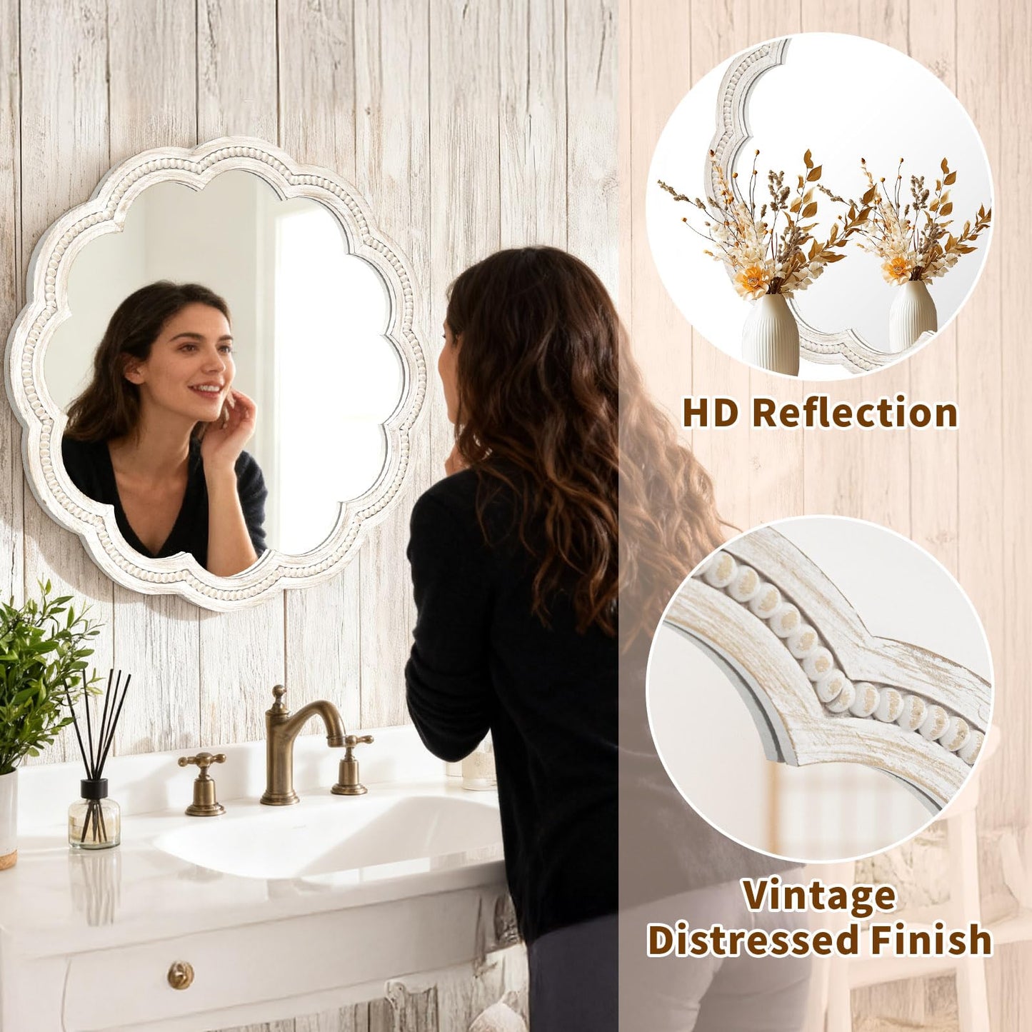 UPPER DECOR 30 Inch Round Wall Mirror, Whitewashed Wooden Frame with Scalloped Edge & Beaded Trim, Decorative Farmhouse Boho Mirror for Bedroom, Bathroom, Living Room, Entryway
