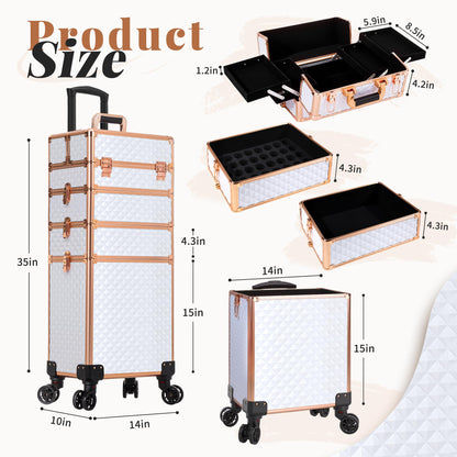 AROUS Rolling Makeup Train Case 4 in 1 Cosmetology Case on Wheels Large Storage Cosmetic Trolley with Key Salon Barber Case Traveling Cart Trunk,White