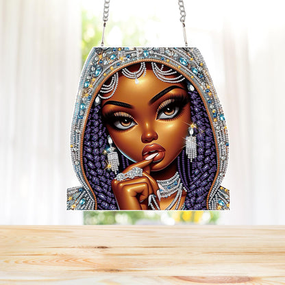 Focart 5D DIY Acrylic Special Shaped Diamonds Painting Hanging Pendant Kits, Lady Jewelry Diamond Art Hanging Window Pendant Ornament for Home Decoration and Gift
