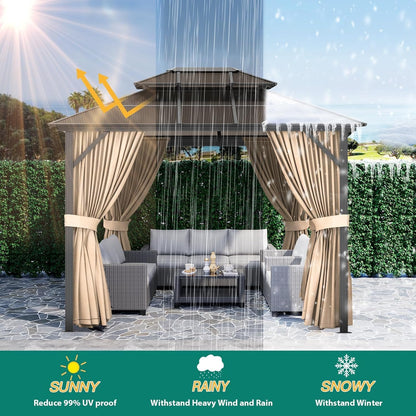 10' x 13' Hardtop Gazebo, Outdoor Aluminum Gazebo with Double Polycarbonate Roof, Permanent Patio Pavilion with Mosquito Netting and Privacy Curtains for Backyard, Garden, Lawn, Khaki