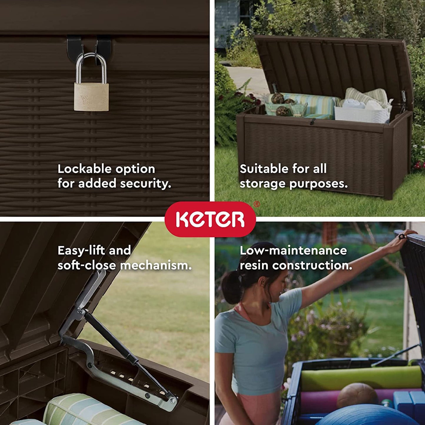 Keter 2-Pack Borneo 110 Gallon Deck Box Organizer, Doubles as 2-Person Bench Seat, Brown – Large Resin Outdoor Storage and Seating with Lockable Lid for Garden, Pool, and Patio