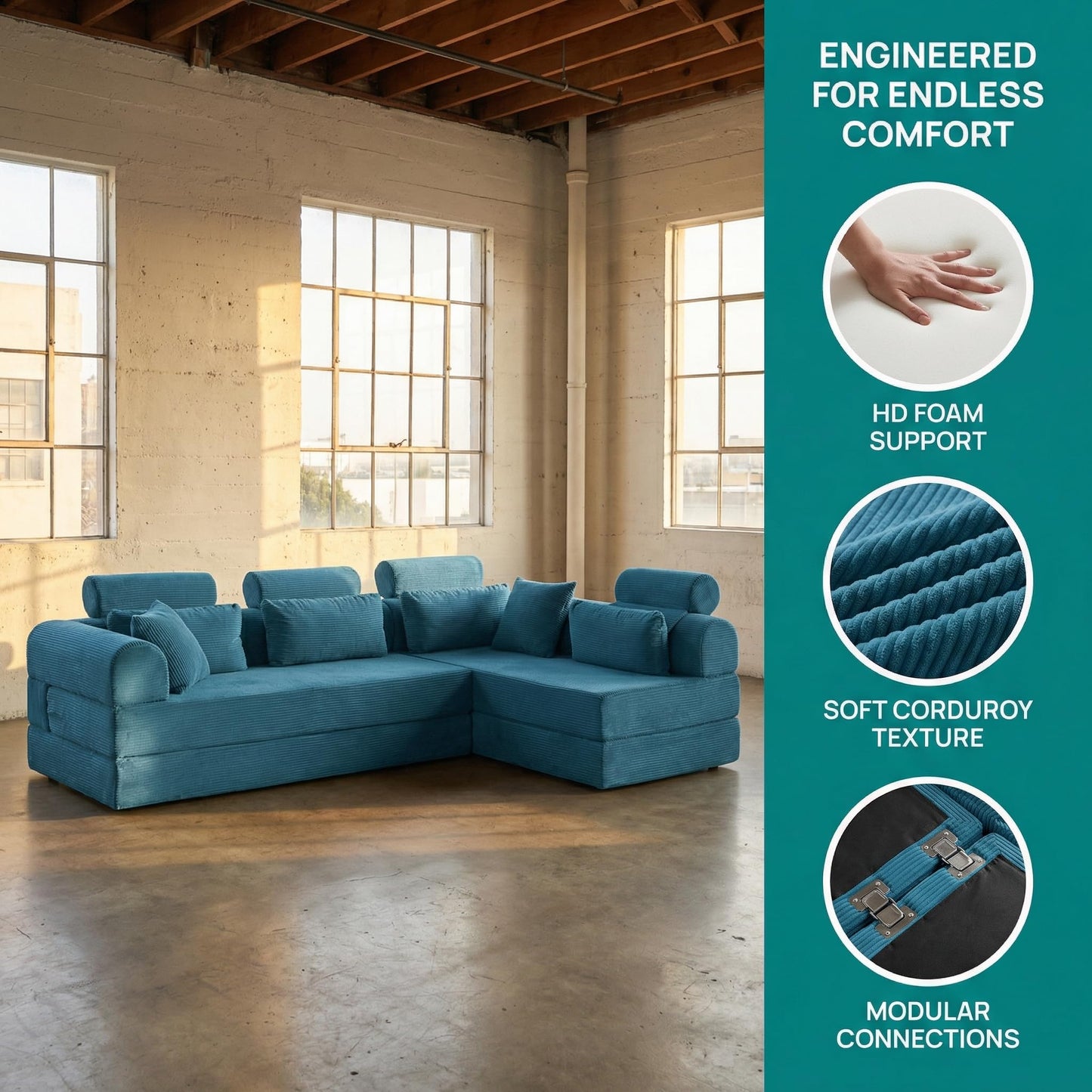 KEIKI 6-in-1 Folding Convertible High Back Sofa Sleeper, 106" Oversized Modular Sectional Corduroy Upholstered L Shape Couches for Living Room, Deep Cushion for Open Concept Living, Grayish Green