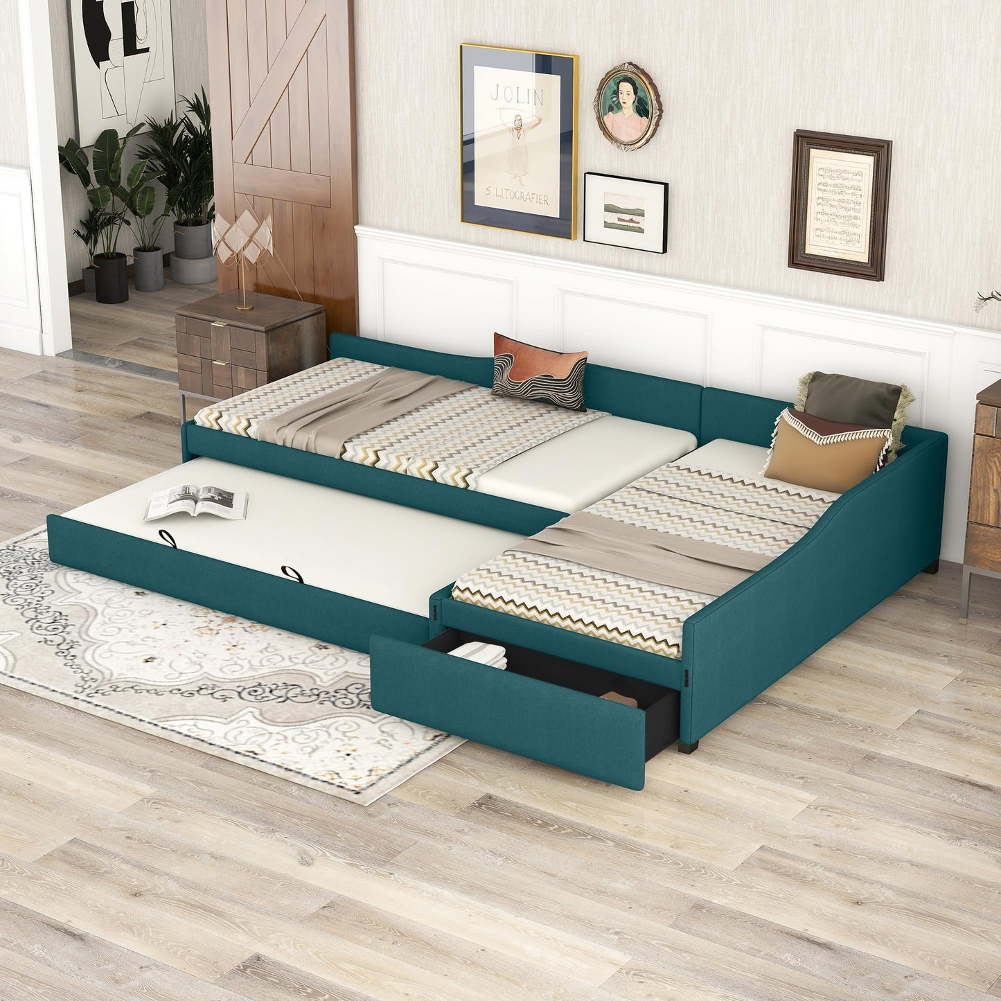 Merax Double Twin Size Upholstered Daybed with Trundle and Storage Drawer, Green Wood Bed Frame for Teens