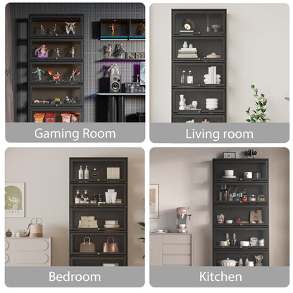 BONITURE Display Cabinet with Acrylic Glass Doors,5-Tiers Curio Cabinet with LED Lighting for Collectibles, Collectibles Toy Organizers Rack & Display Shelf Display Case Storage Cabinet, Black