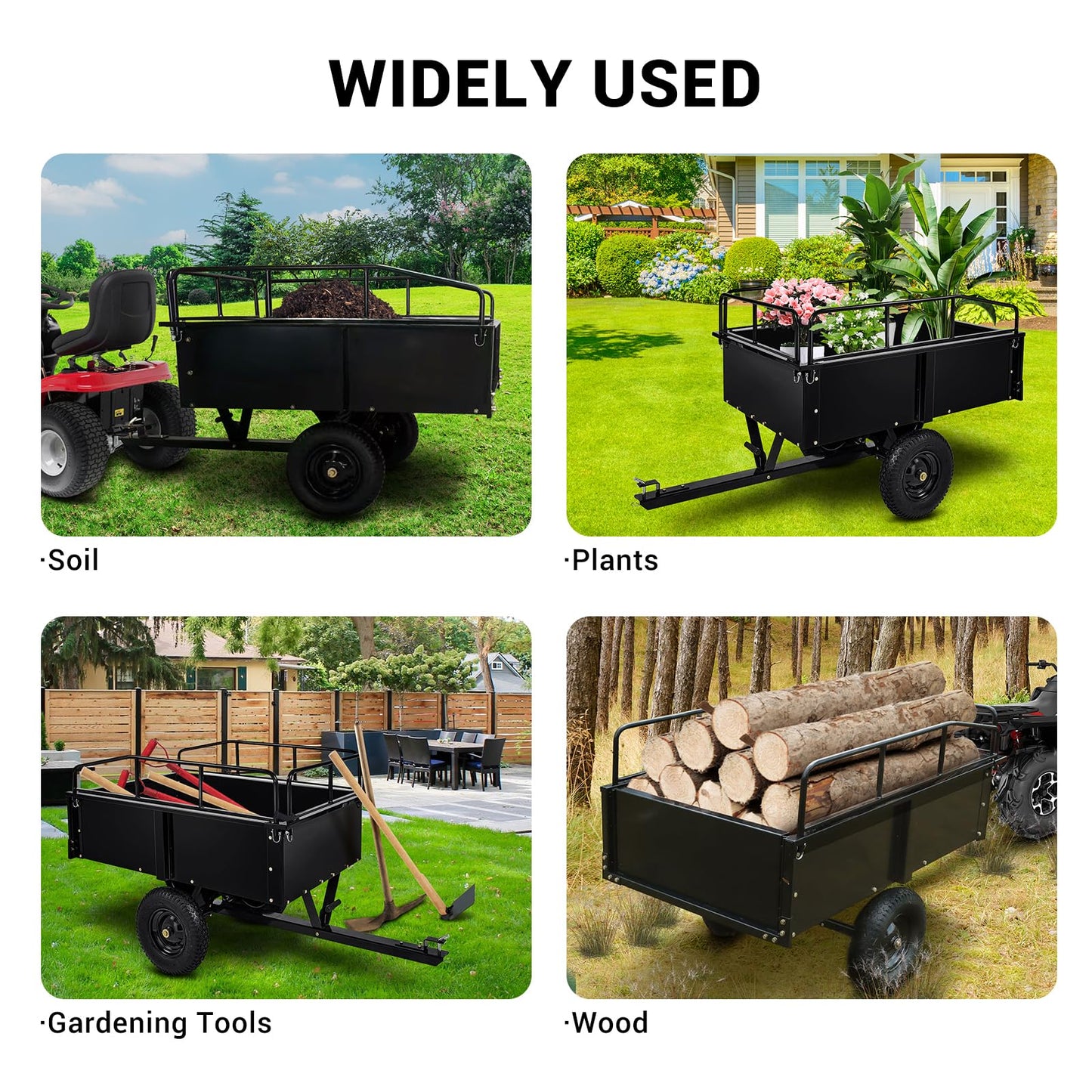 Heavy Duty Dump Cart ATV/UTV Trailer, 1600 Lb with Removable Sides & All Terrain Tires Lawn Mower- Gardening Equipment for Yard, Lawn, and Outdoor Use