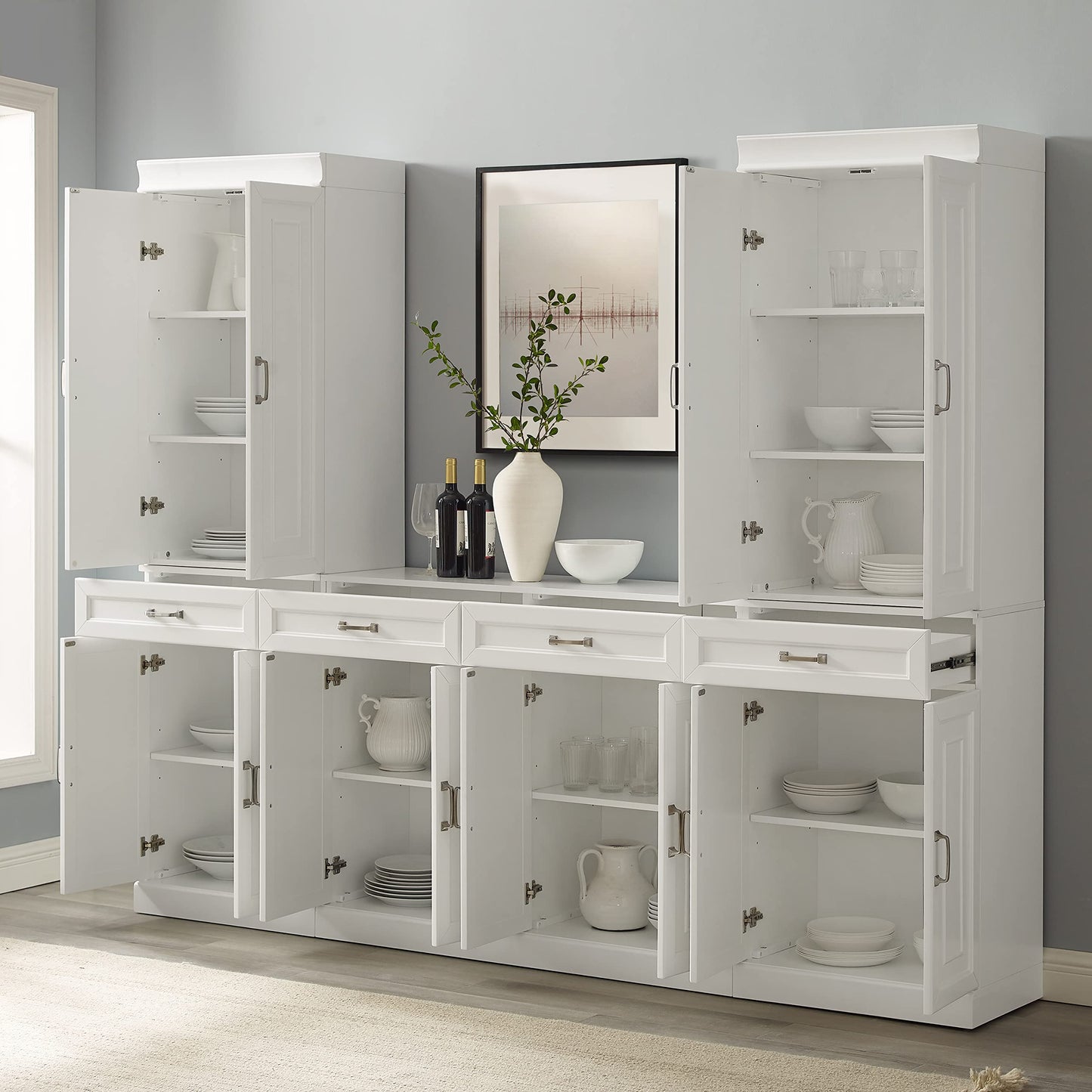 Crosley Furniture Stanton 3-Piece Traditional Sideboard Buffet Cabinet and Kitchen Storage Pantry Set, White