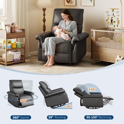 GarveeHome Recliner Chair, 360° Swivel Rocker Glider Nursery Chair with Padded Armrest and Deep Seat, PU Leather Upholstered Reclining Sofa Chair for Living Room, Bedroom and Nursery (Black)