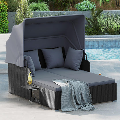 DREAMADE Outdoor Daybed with Canopy, 2 Person Rattan Sunbed with Cushions, 4 Pillows & 2 Foldable Side Trays, Patio Daybed for Backyard, Garden, Poolside, Balcony (Grey)