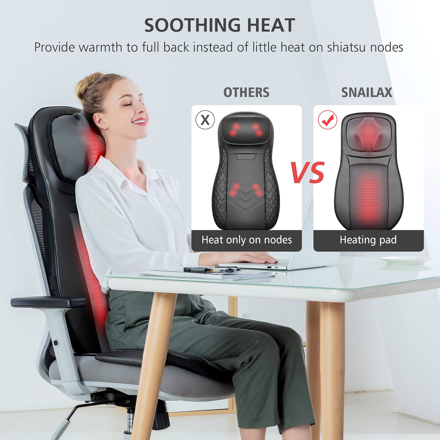Snailax Shiatsu Neck Back Massager with Heat, Massage Chair Pad with Compression, Height-Adjustable Neck Massage Rollers Chair Seat Massager, Gifts for Men, Women