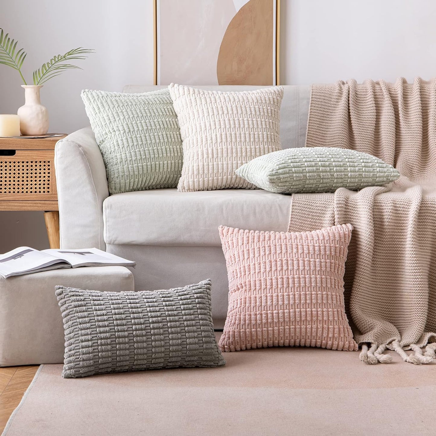 MIULEE Corduroy Throw Pillow Covers - Soft Boho Striped Design | 12x12 Inch Cream White Decor