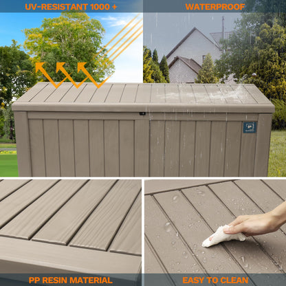 Large Outdoor Storage Box, 230 Gallon Deck Boxes Outdoor, Durable Resin Waterproof Deck Box for Patio Furniture Outdoor Cushions Garden Tools and Pool Storage (Light Brown, 230 Gallon)
