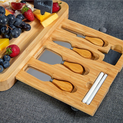 RoyalHouse Unique Bamboo Cheese Board & Knife Set with 2 Slide-Out Cutlery Drawers - Charcuterie Boards Set - Gifts for Women Birthday, Wedding Couples 2025, Bridal Shower