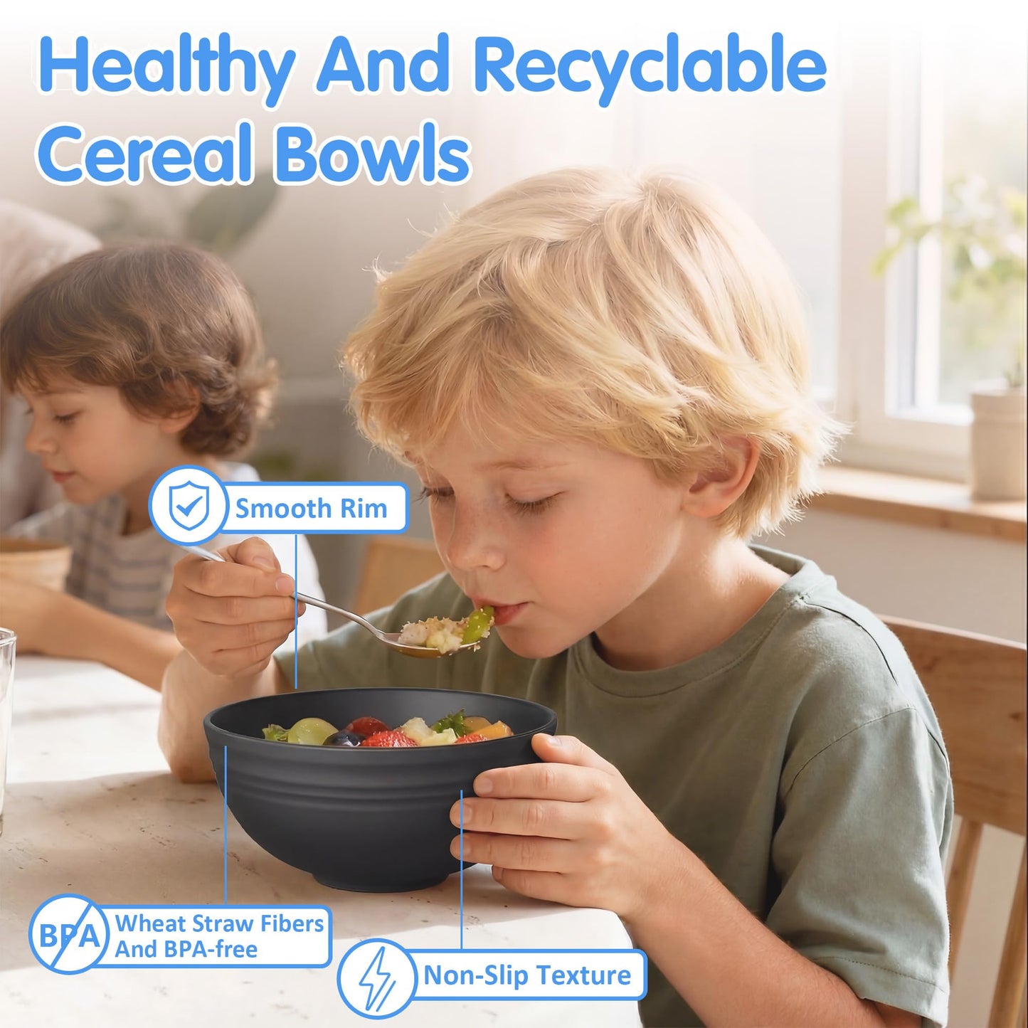 Quatish 10 PCS Unbreakable Cereal Bowls,Dishwasher & Microwave Safe Wheat Straw Bowls, Easy-to-Clean Lightweight Desserts & Soup Bowl, Portable for Picnics ，Snack Plastic Bowls Set,Black