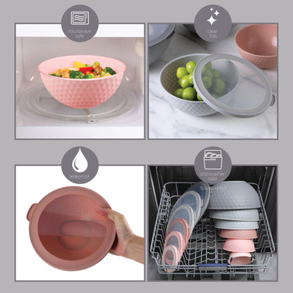 COOK WITH COLOR Mixing Bowls with Lids - 12 Piece Plastic Nesting Bowls Set includes 6 Prep Bowls and 6 Lids, Microwave Safe Mixing Bowl Set, Pink Embossed