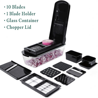 Le'raze 13-in-1 Vegetable Chopper Pro with Glass Container, Stainless Steel Blades, BPA-Free, Mandoline Slicer, Manual
