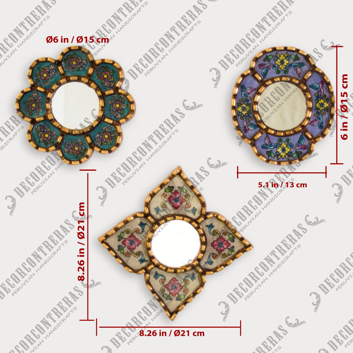 DECORCONTRERAS Artisan Handcrafted Wall Mirror Set, 3 Floral Shape Mirrors, Bronze Finish Frame, Turquoise Purple Beige Glass