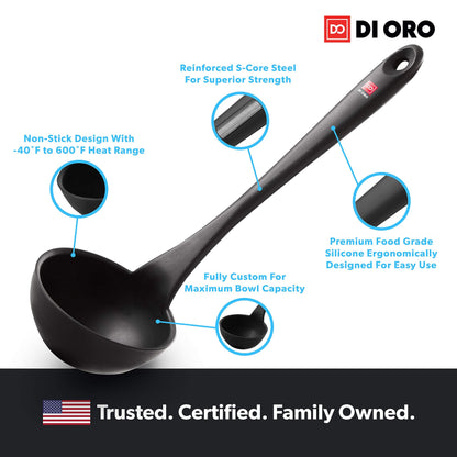 DI ORO Silicone Ladle – Soup Ladle for Cooking & Serving Heat-Resistant - Large Kitchen Soup Ladle Nonstick Cookware Safe - Soup Serving Spoon with Wide Bowl - Silicone Utensil Dishwasher Safe (Black)