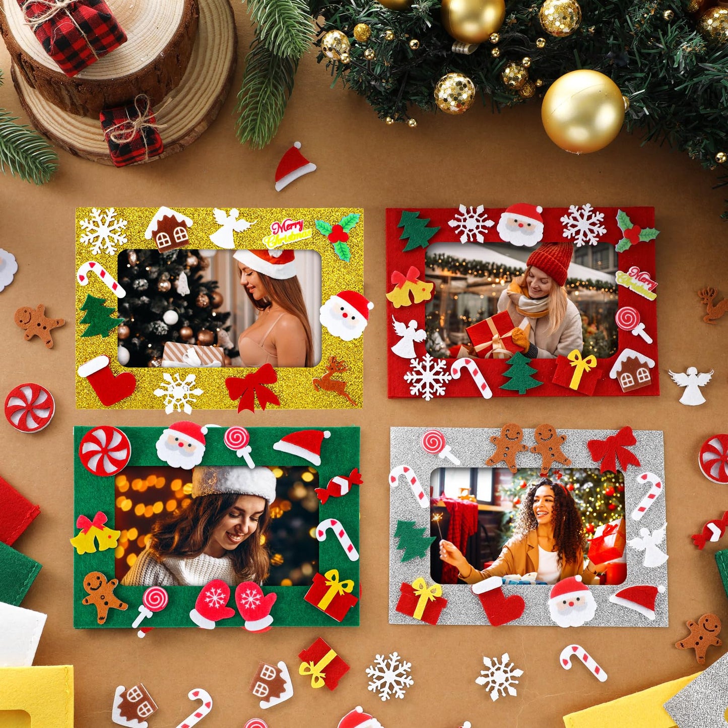 232 Pcs Christmas DIY Picture Frames Craft Kit for Kids 32 Set Felt Photo Frames with Snowflake Christmas Crafts to Decorate with 200 Foam Stickers for Party Favor Home Classroom (Snowflake)