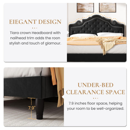SHA CERLIN King Size Platfrom Bed Frame with Adjustable Headboard/Velvet Upholstered Diamond Button Tufted and Metal Studs/No Box Spring Needed/Easy Assembly/Wooden Slat Support/Black