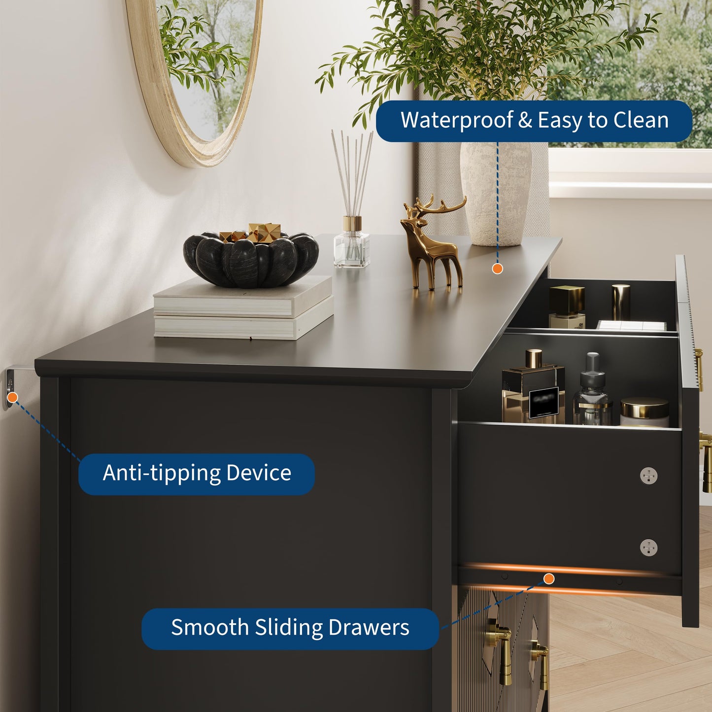 GarveeHome Fluted Dresser for Bedroom, 54 Inch Wide 6-Drawer Wood Dresser, Modern Chest of Drawers, Storage Organizer Cabinet for Living Room, Hallway, Entryway, Black