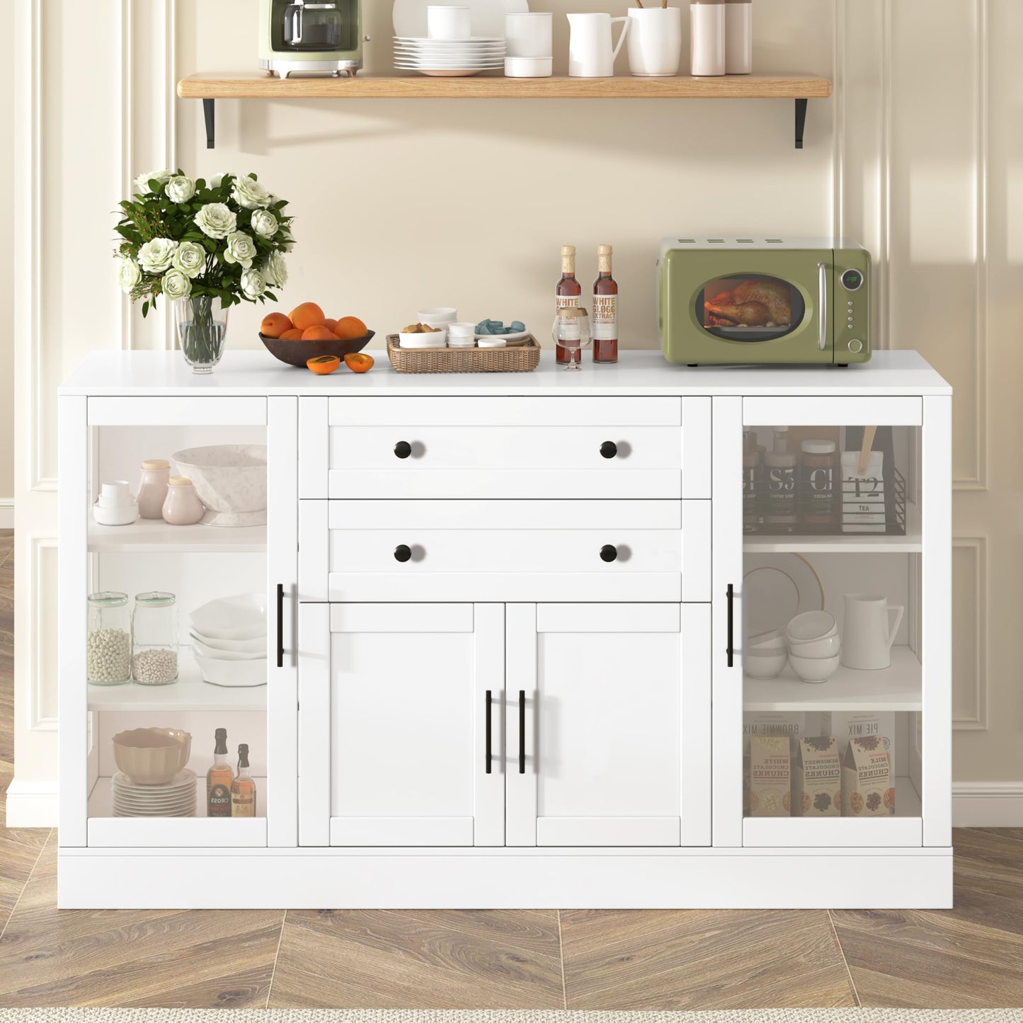 Modern Buffet Cabinet with Storage, 58.3" W Sideboard w/Adjustable Shelves and Drawers for Dining Room, Kitchen, Living Room, Entryway, White