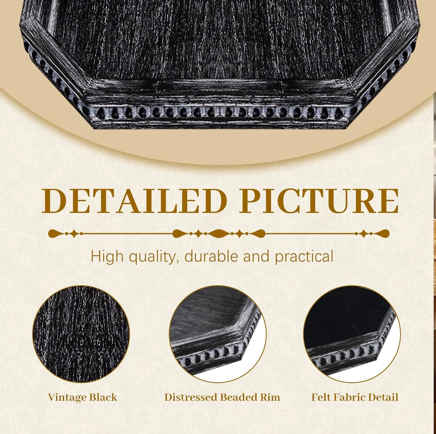 15.7" 10.2" 1.6" MAONAME Wood Serving Tray, Farmhouse Wooden Tray for Coffee Table, Octagonal Beaded Trays, Vintage