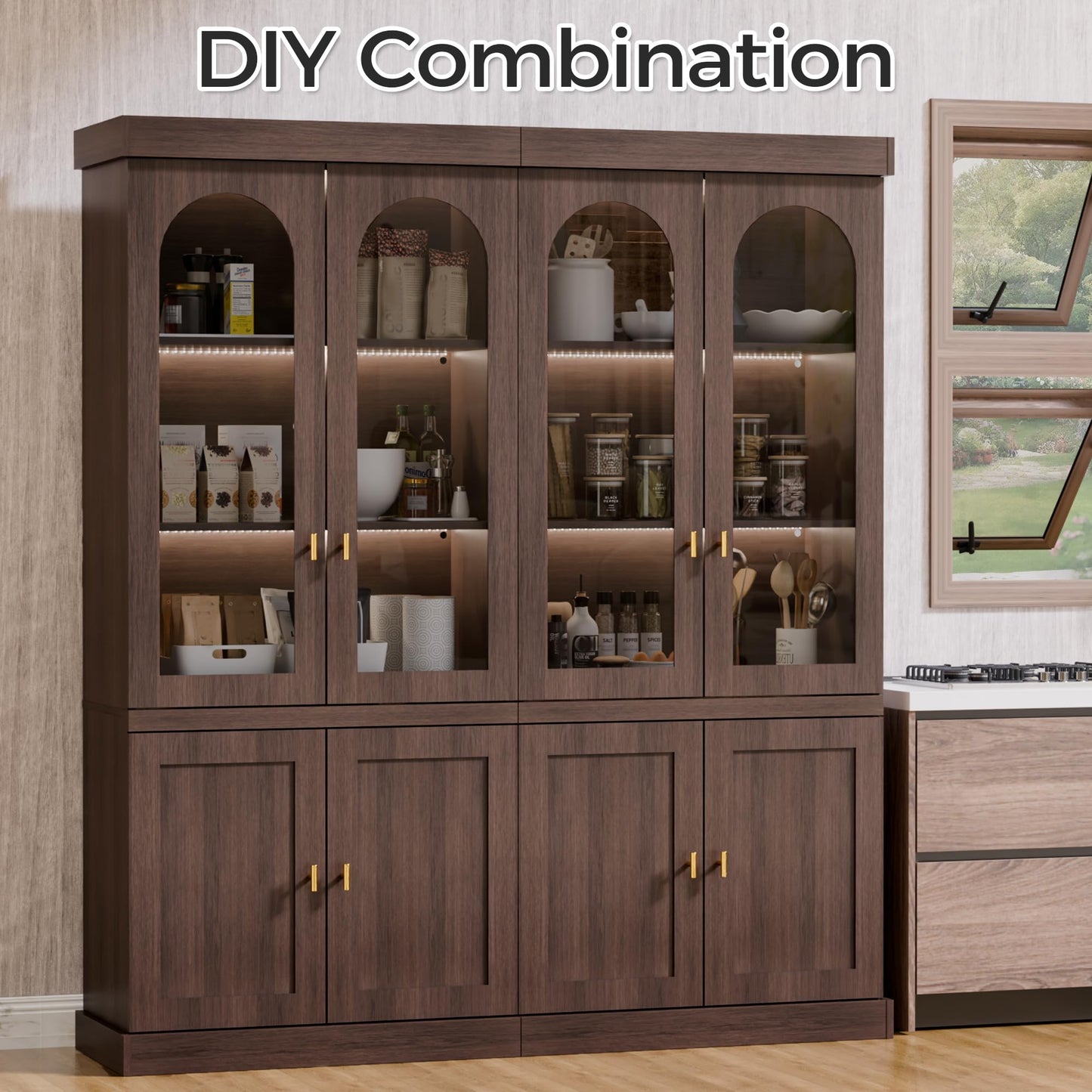 Trygoal 71'' Tall Display Cabinet with Glass Door, Mid Century Modern China Cabinet with LED Stripe, Kitchen Buffet Pantry Cupboard, Trophy Display Case for Living Room Dining Room Bedroom, Walnut