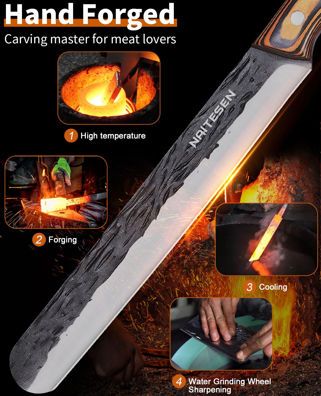 Naitesen Professional Brisket Carving Knife Set for Men, Grilling Knives, Hand Forged Super Sharp Butcher Slicing Knife Boning Knife for Meat Turkey Cutting Home Kitchen BBQ