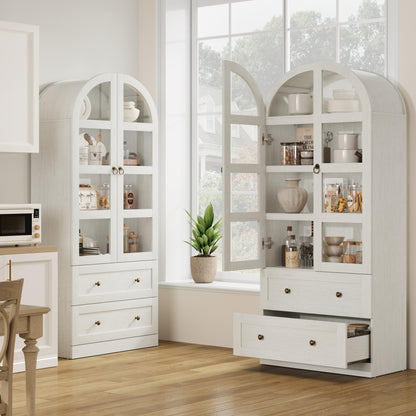 Garvee 72" Tall Dome Bookcase with Drawers, 4-Tier Wooden Bookshelf Cabinet with Glass Door, Farmhouse Arched Cabinet with Display Shelves, Wood Bookcase for Home Office, Living Room, Rustic White