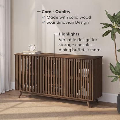 Plank+Beam Mid-Century Modern Wood TV Stand, Three Door Solid Wood Entertainment Console with Storage, 59" L x 16" W x 30" H, Walnut
