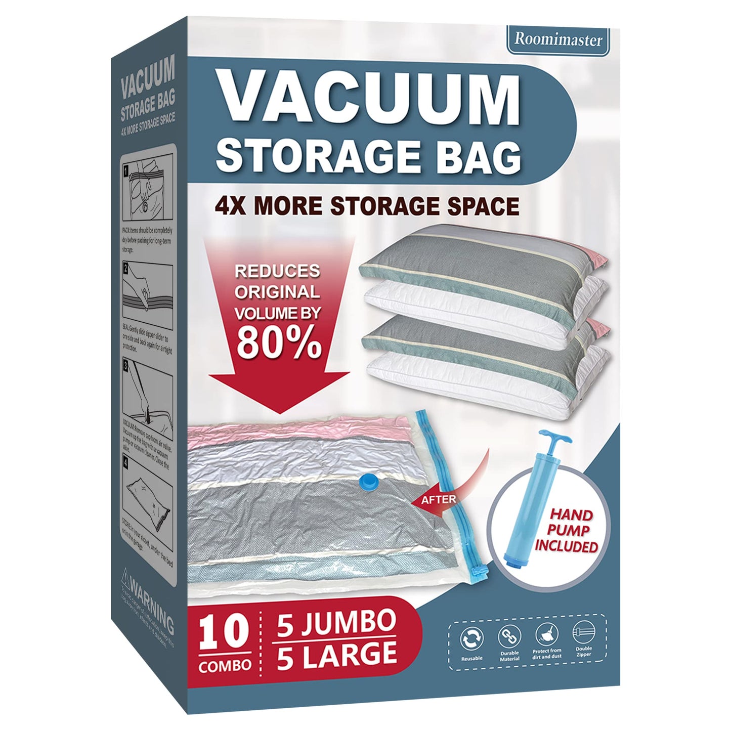 10 Pack Vacuum Storage Bags with Pump, 5 Jumbo and 5 Large Space Saver Vacuum Storage Bags, Vacuum Seal Bags for Clothing, Comfoters, Pillows, Blanket, Bedding