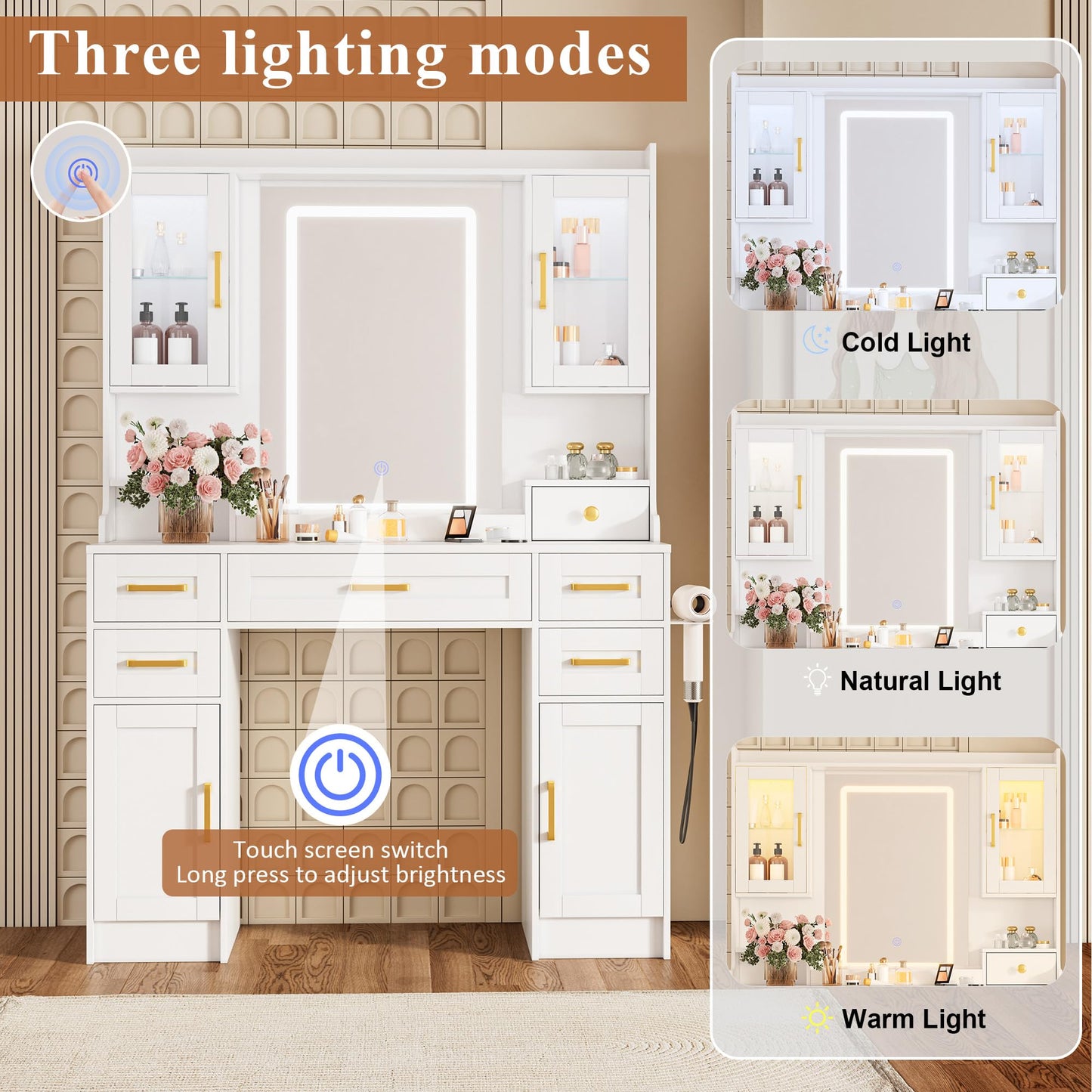 NBYSGO White Vanity with Mirror and LED Lights, Large Makeup Table Set with 2 Display Cabinets, 6 Drawers & 2 Storage Cabinets for Bedroom Dressing Room